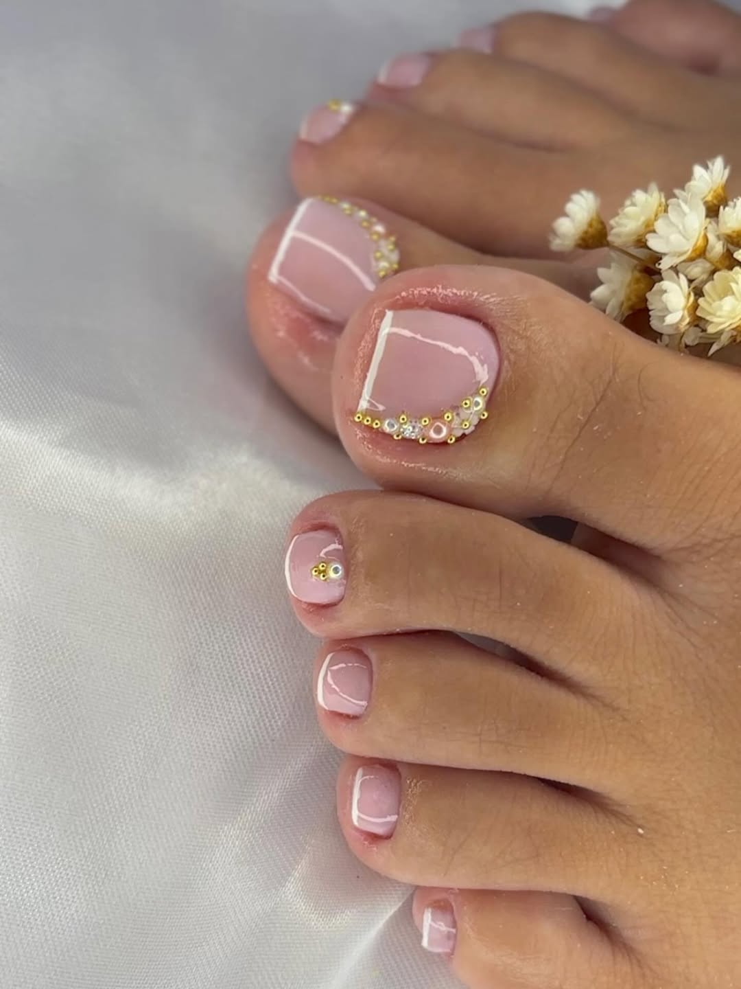 Blush Pink French Pedicure with Gold and Crystal Bead Accents