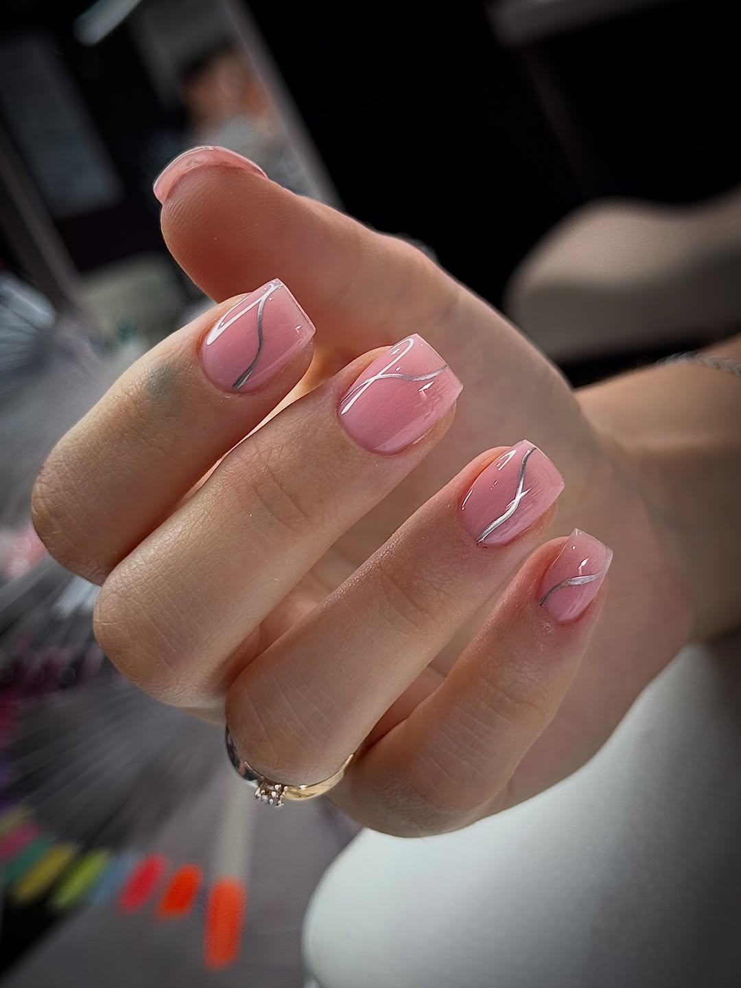 Blush Pink Gel Squoval Nails With Silver Swirls