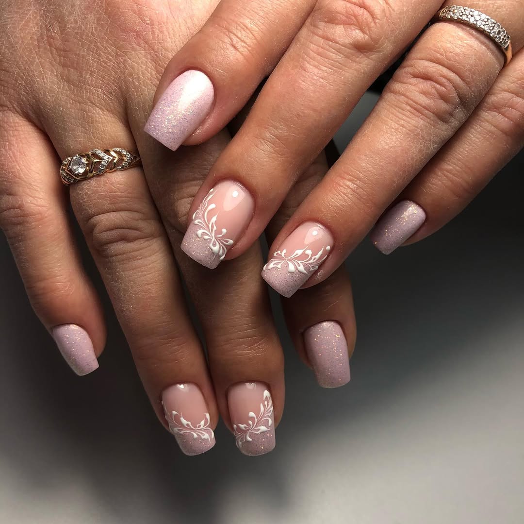 Blush Pink Glitter French with White Floral Art