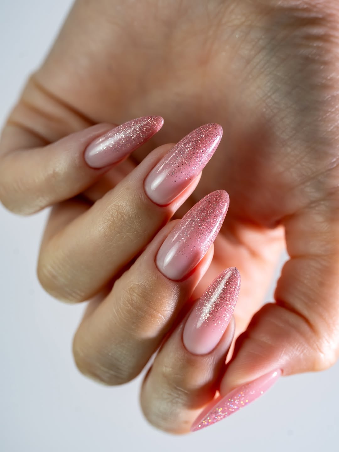 Blush Pink Glitter Ombre Stiletto Nails