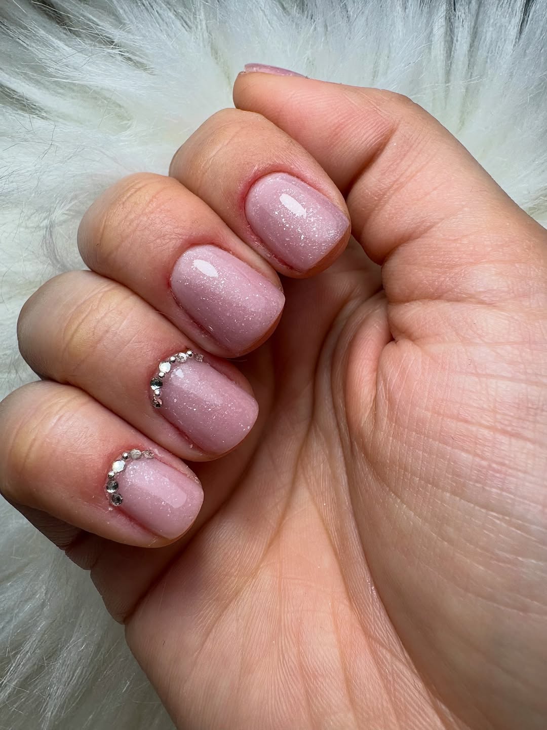 Blush Pink Glitter Short Squoval Nails with Rhinestone Cuticles