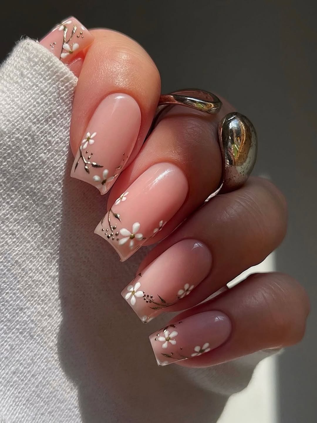 Blush Pink Square Tip Nails With White Floral Art