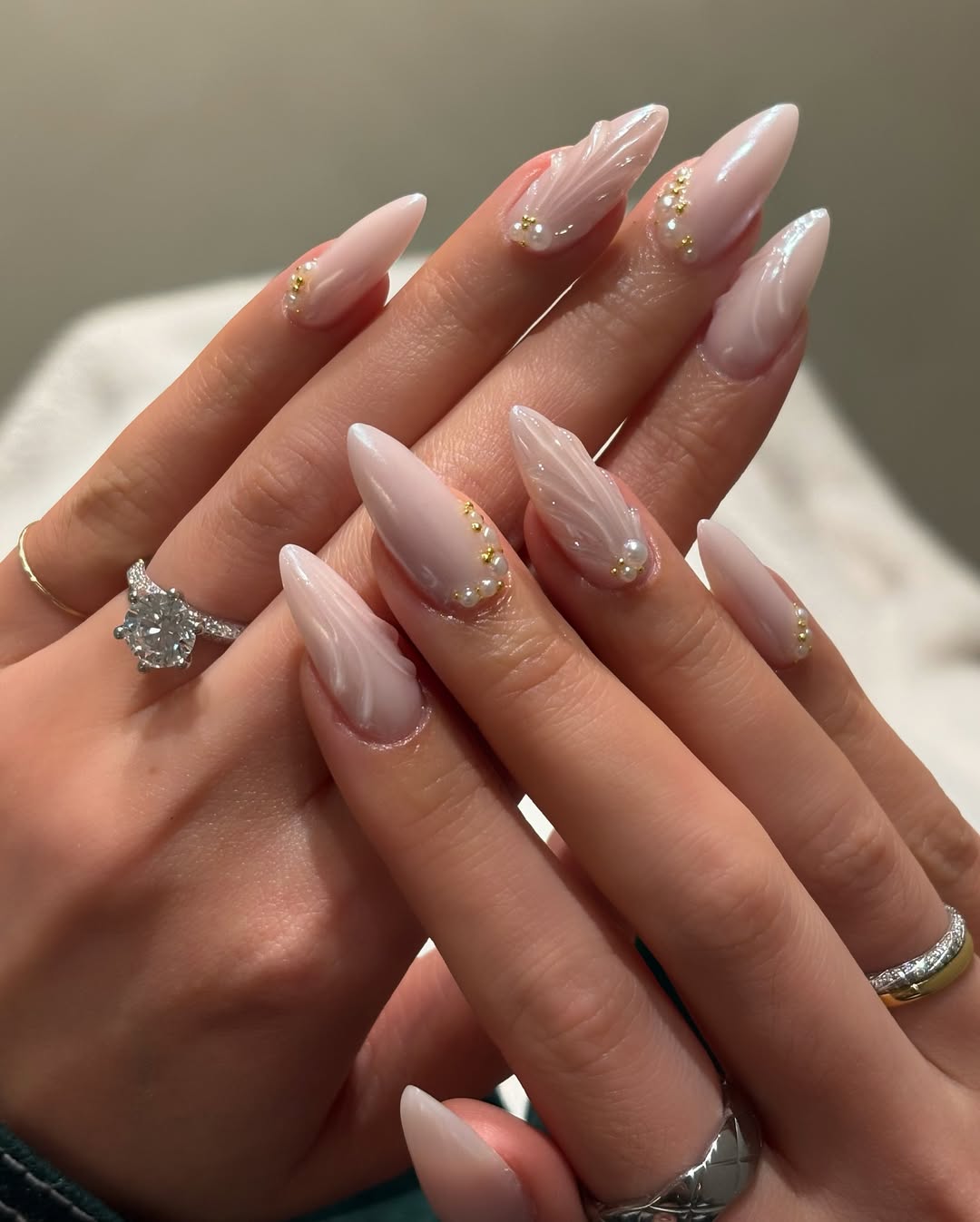 Blush Pink Swirl Stiletto Nails With Pearls