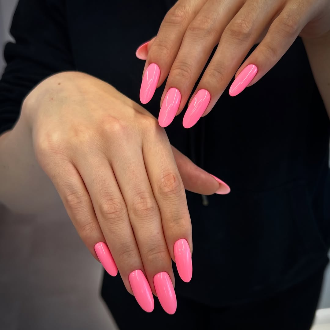Bright Glossy Hot Pink Almond Nails