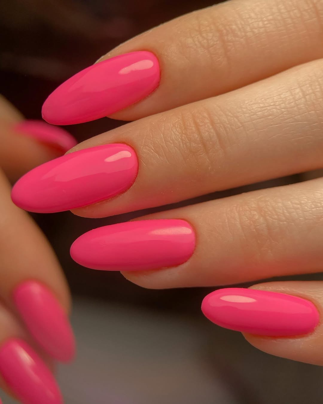 Bright Glossy Hot Pink Short Oval Nails