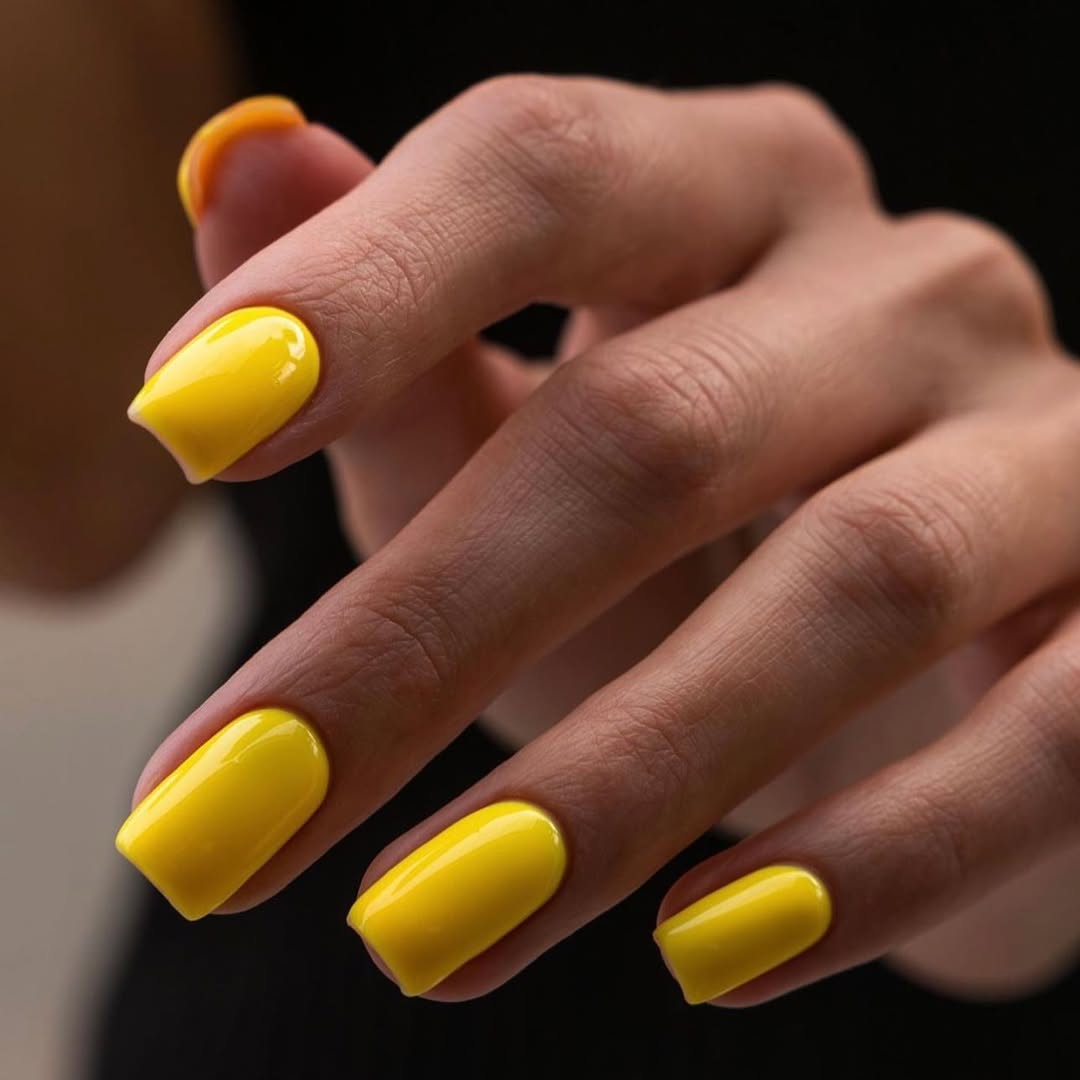 Bright Glossy Sunny Yellow Square Nails