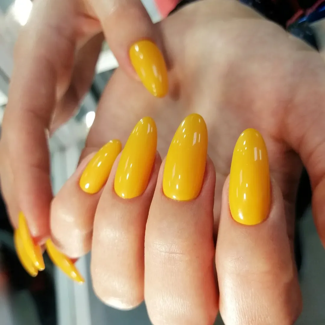 Bright Glossy Yellow Almond Summer Manicure
