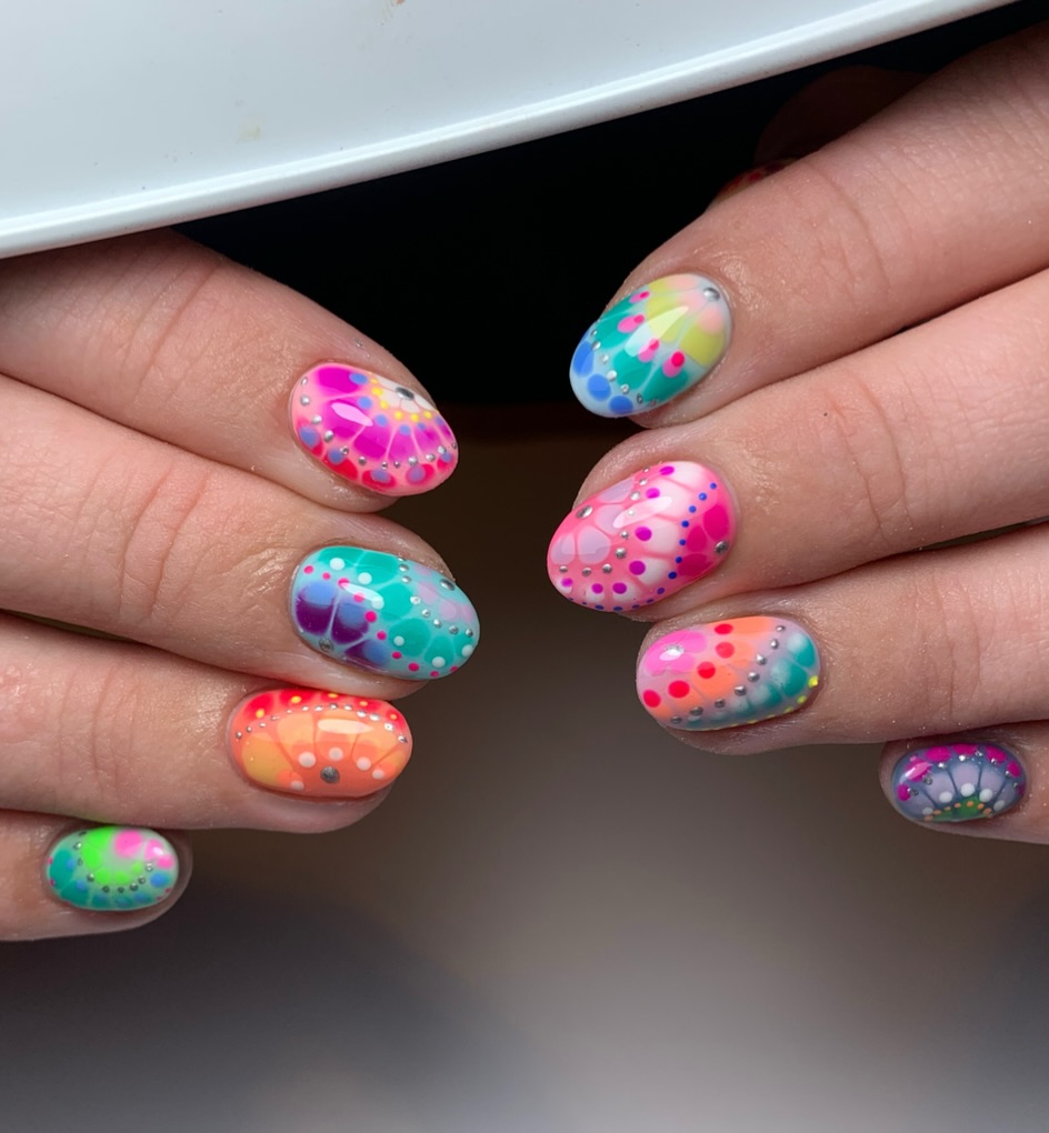 Bright Multi-Color Dotty Swirl Oval Nails
