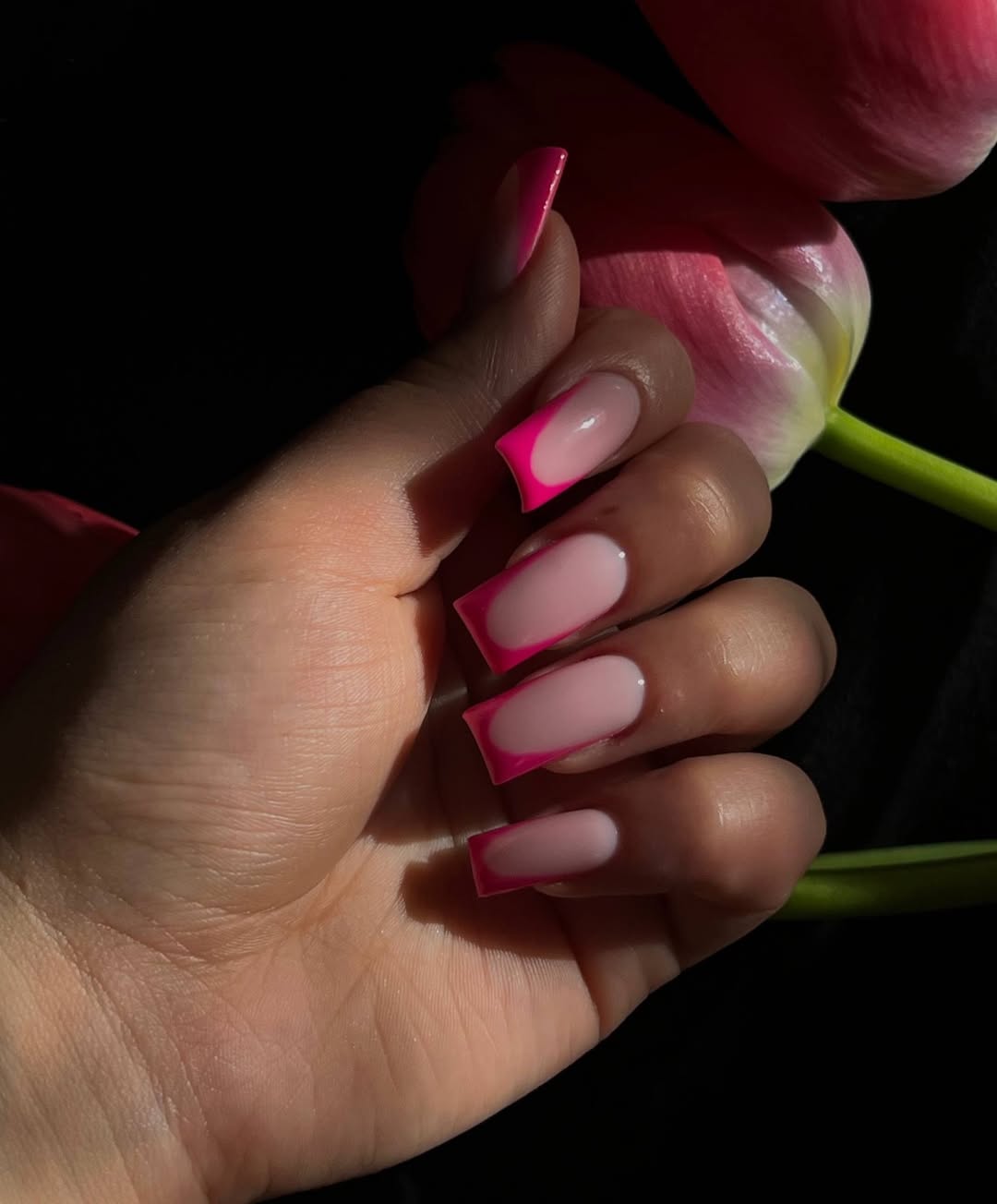 Bright Neon Pink Glossy French Tips Square Nails