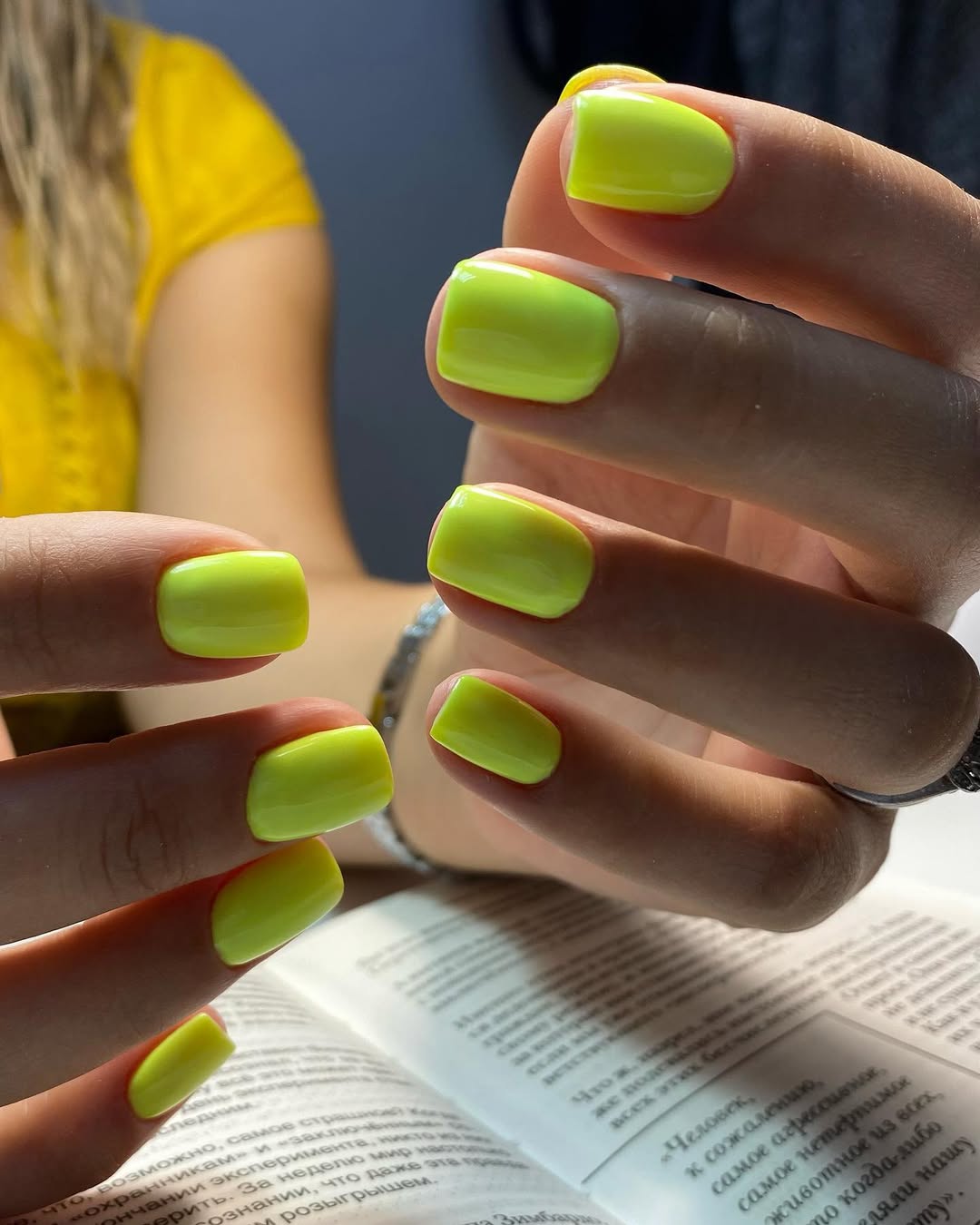 Bright Neon Yellow Glossy Short Square Nails