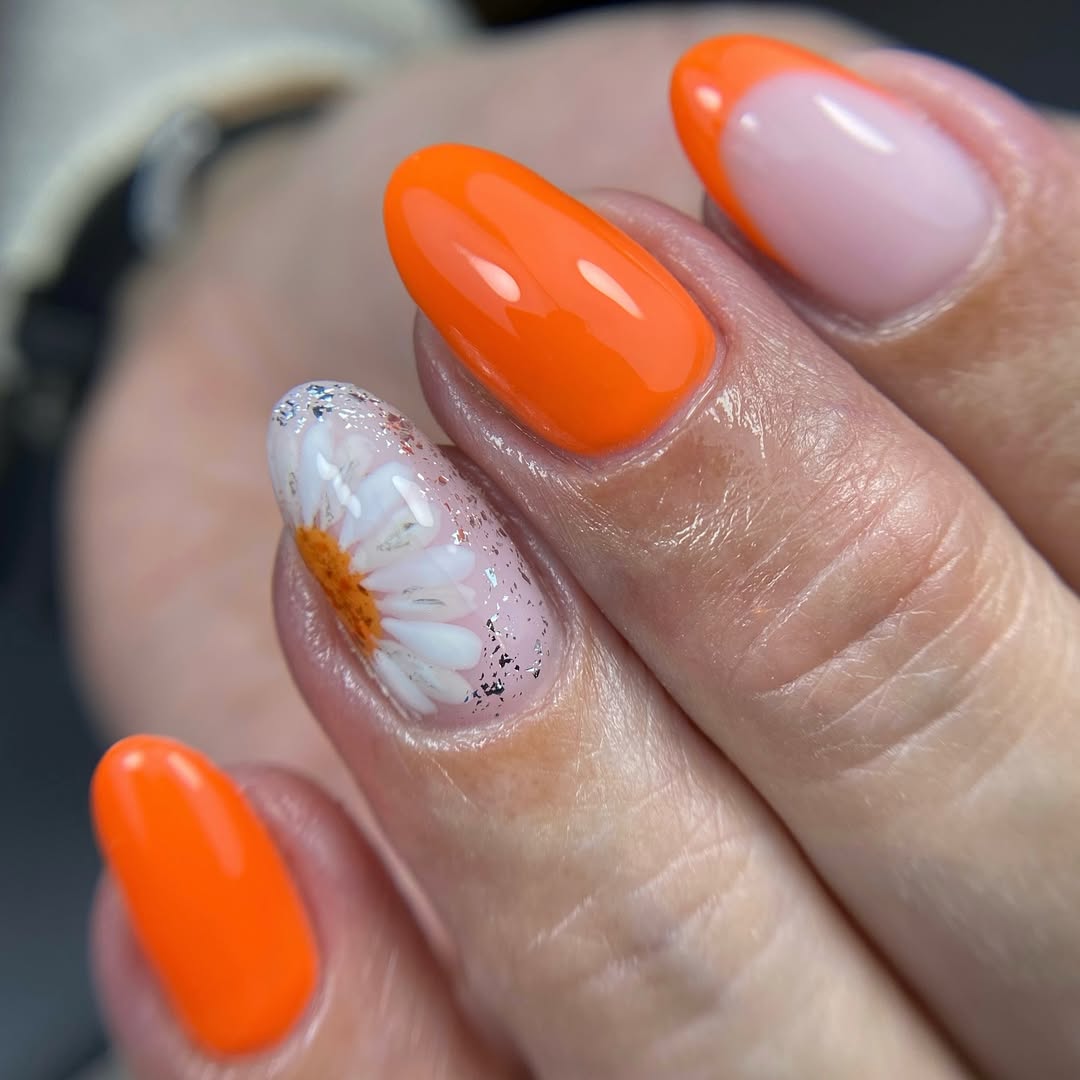 Bright Orange Daisy French Tip Oval Nails