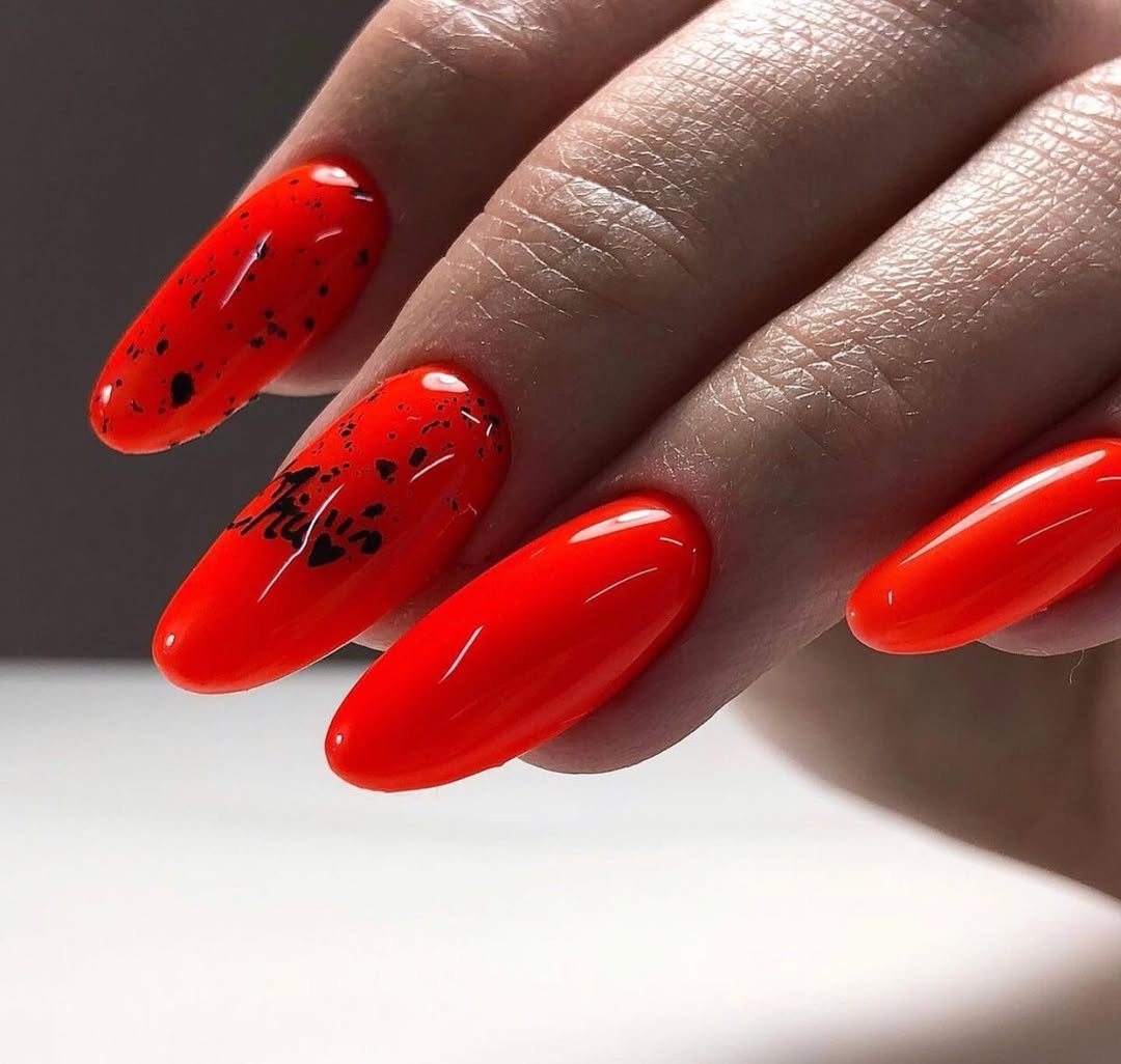 Bright Orange Glossy Abstract Long Oval Nails