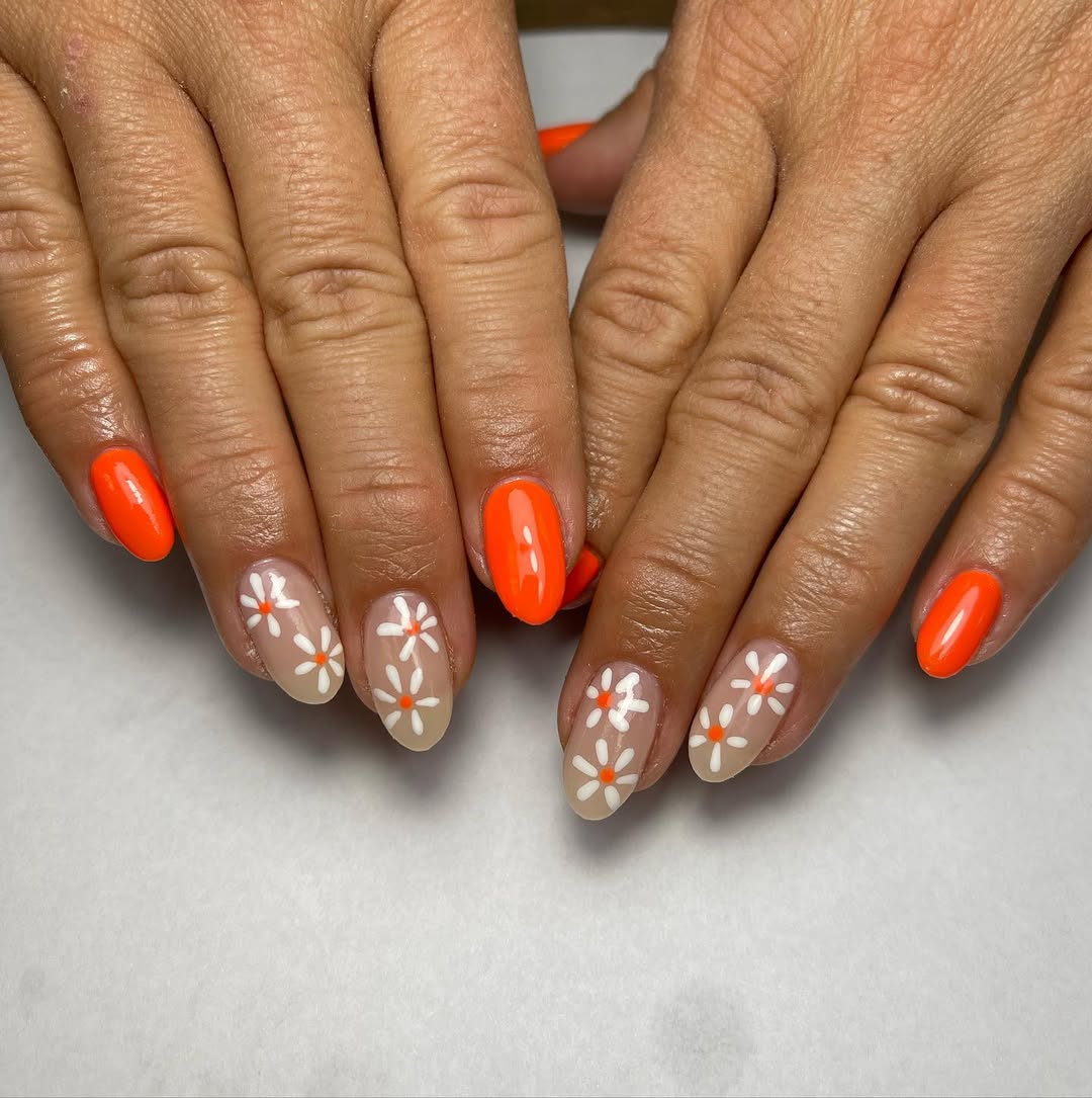 Bright Orange Glossy Nails With Daisy Art