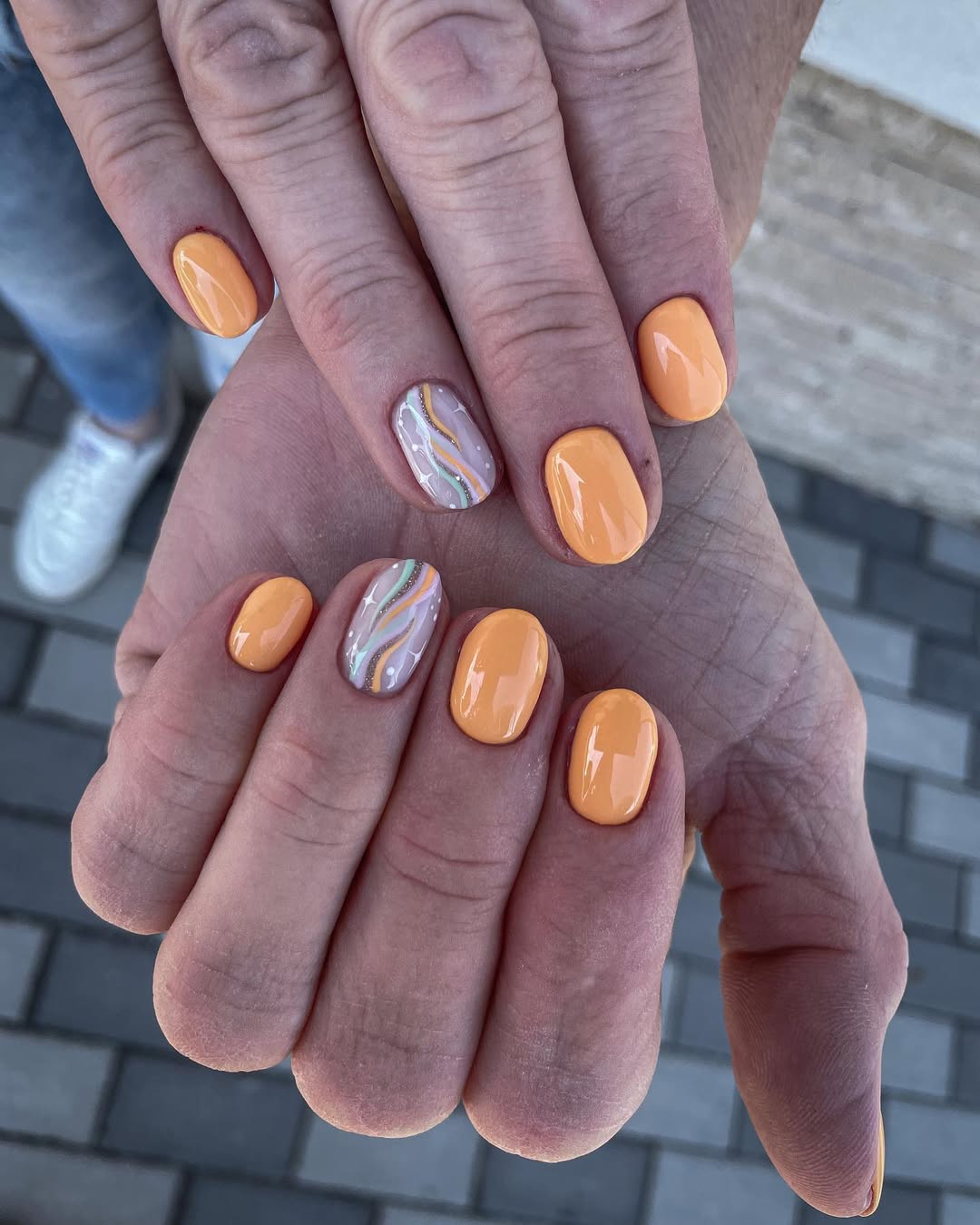 Bright Orange Glossy Short Round With Wavy Accent Nails