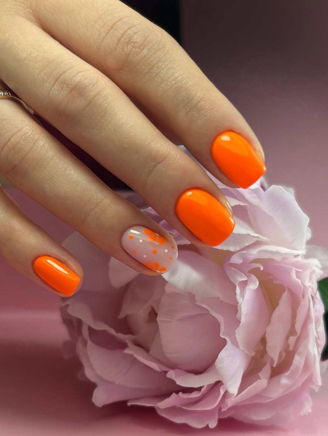 Bright Orange Polka Dot Oval Summer Nails