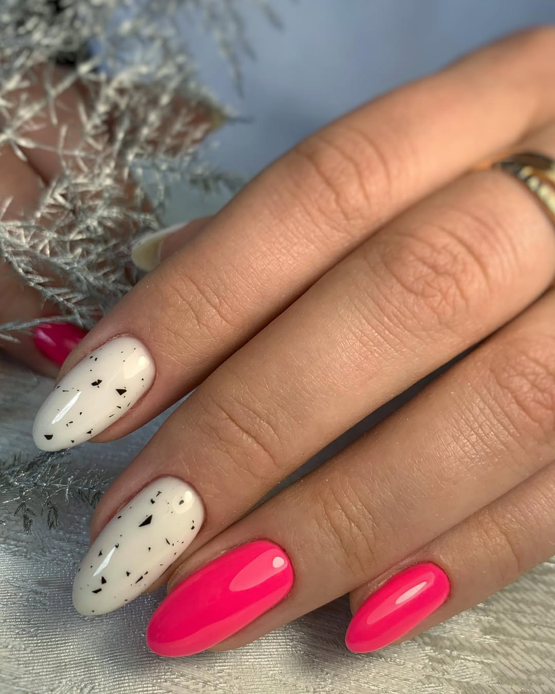Bright Pink and Speckled White Oval Nails