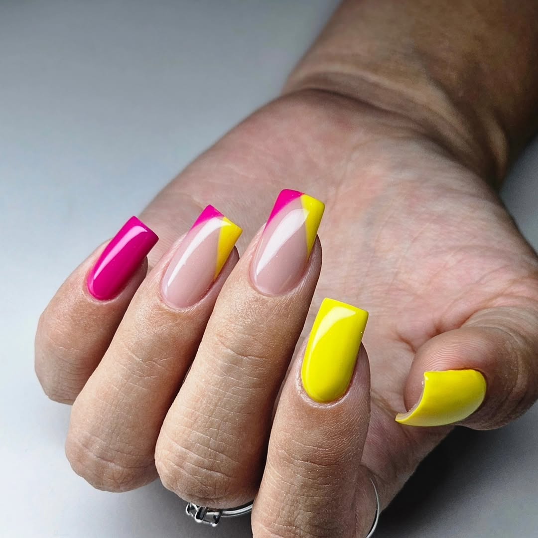 Bright Pink And Yellow Split French Tips