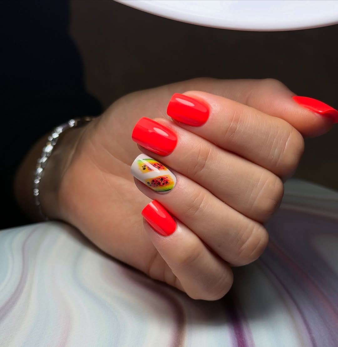 Bright Tangerine Papaya Accent Square Nails