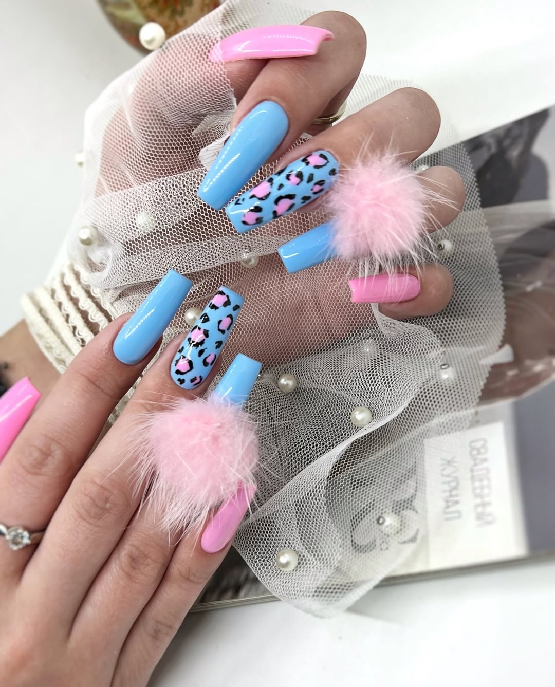 Bubblegum Pink and Blue Leopard Print Coffin Nails