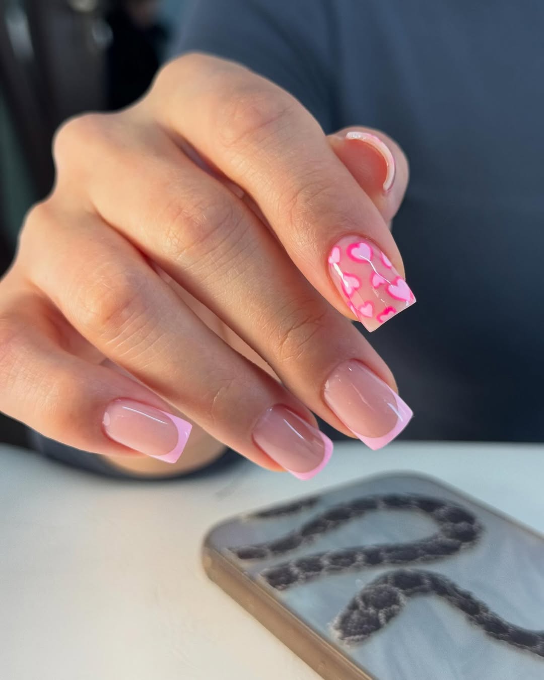 Bubblegum Pink French Tips With Heart Accent Nail