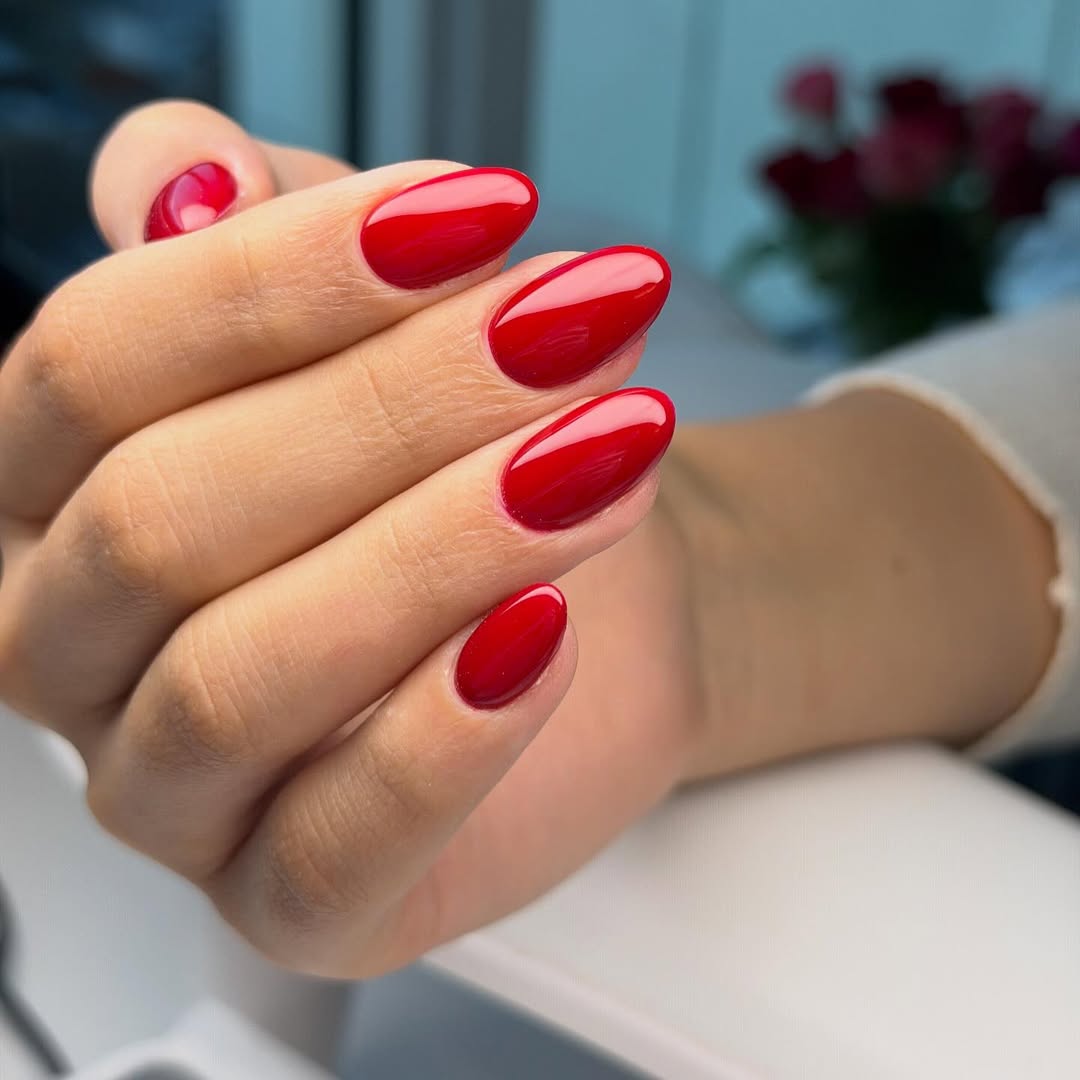 Classic Cherry Red Glossy Medium Oval Nails