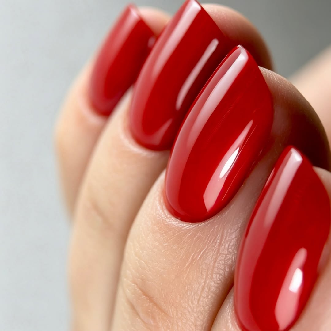 Classic Cherry Red Glossy Oval Nails