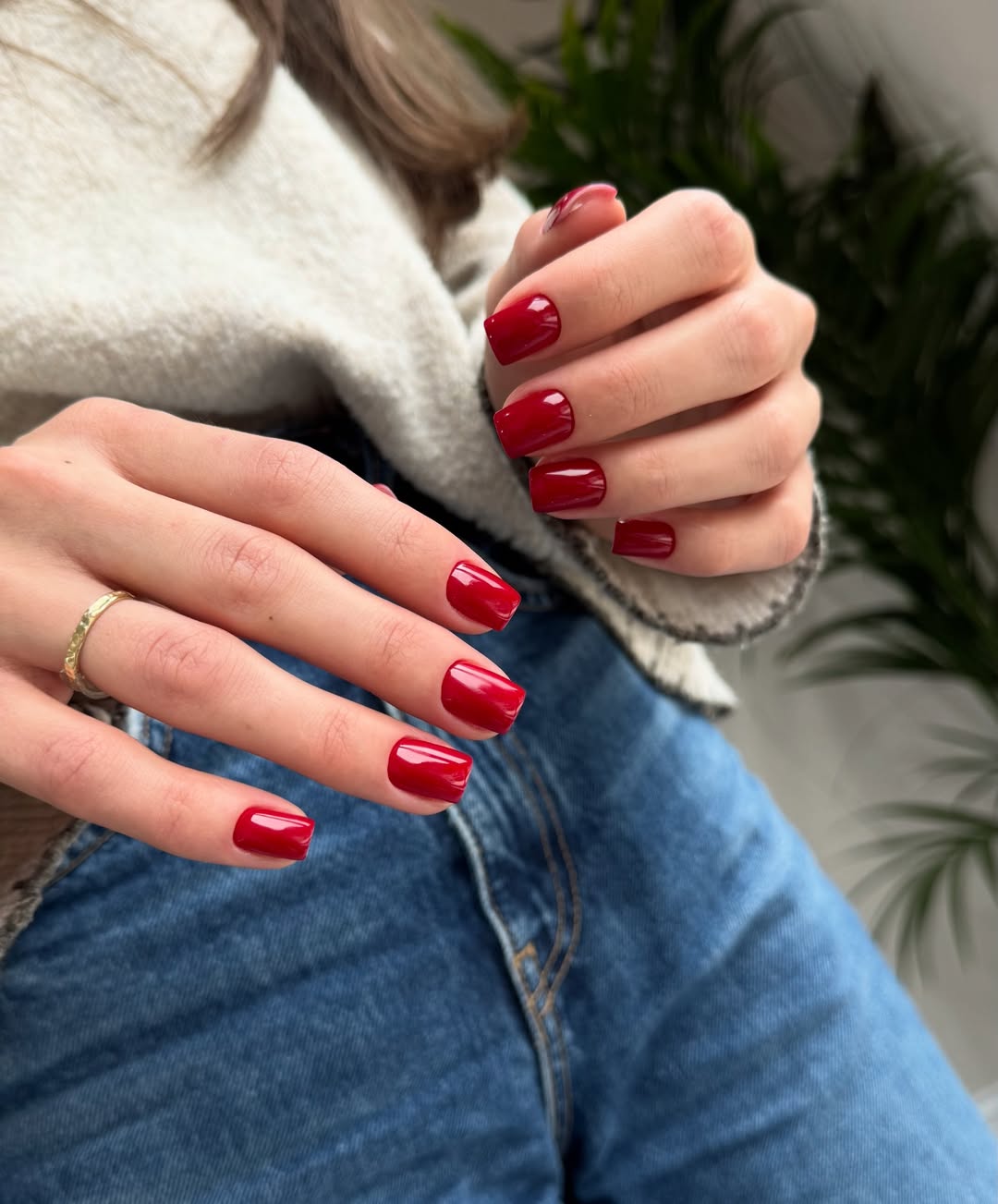 Classic Cherry Red Glossy Short Square Nails