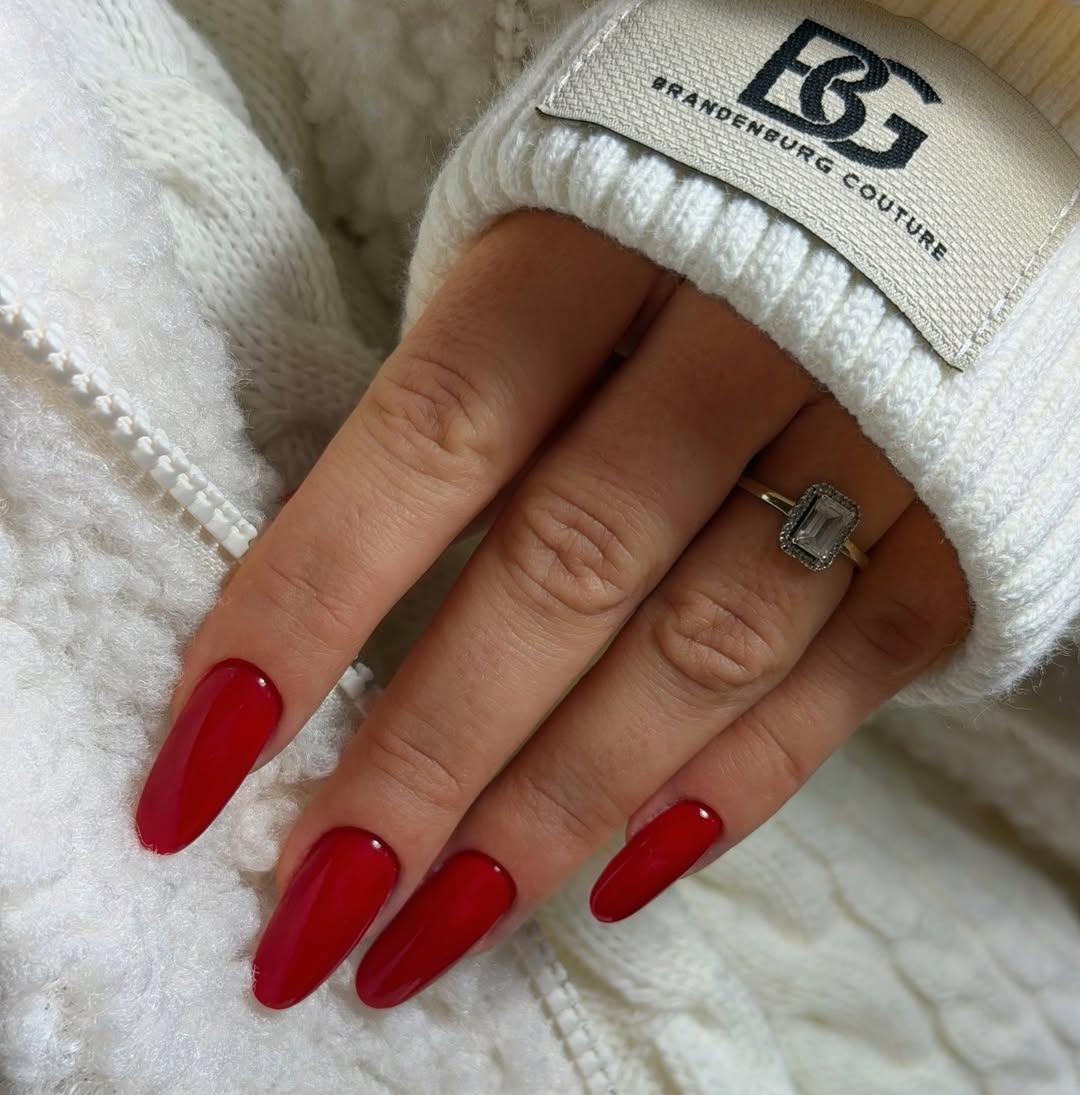 Classic Cherry Red Long Oval Glossy Nails