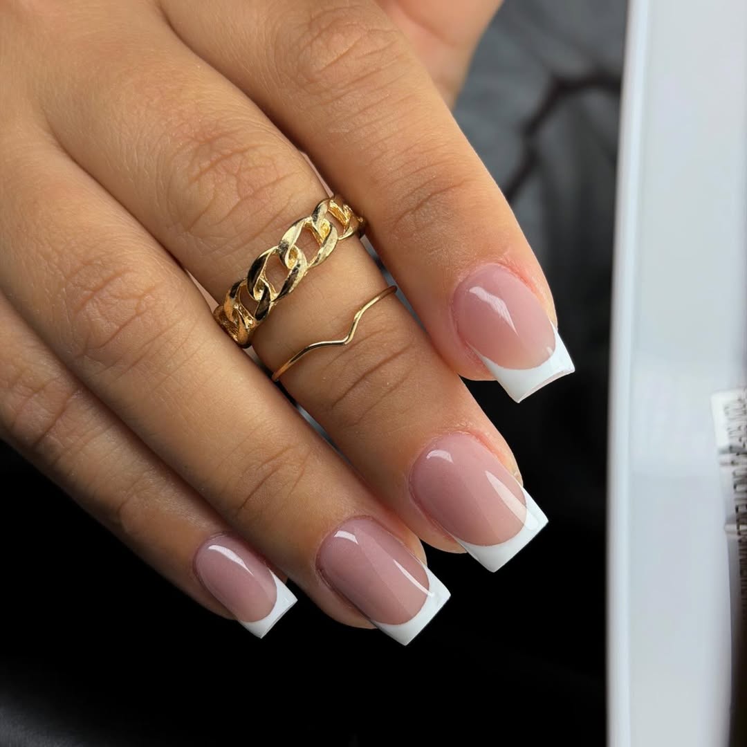 Classic Milky Pink Square French Tips with Glossy Finish