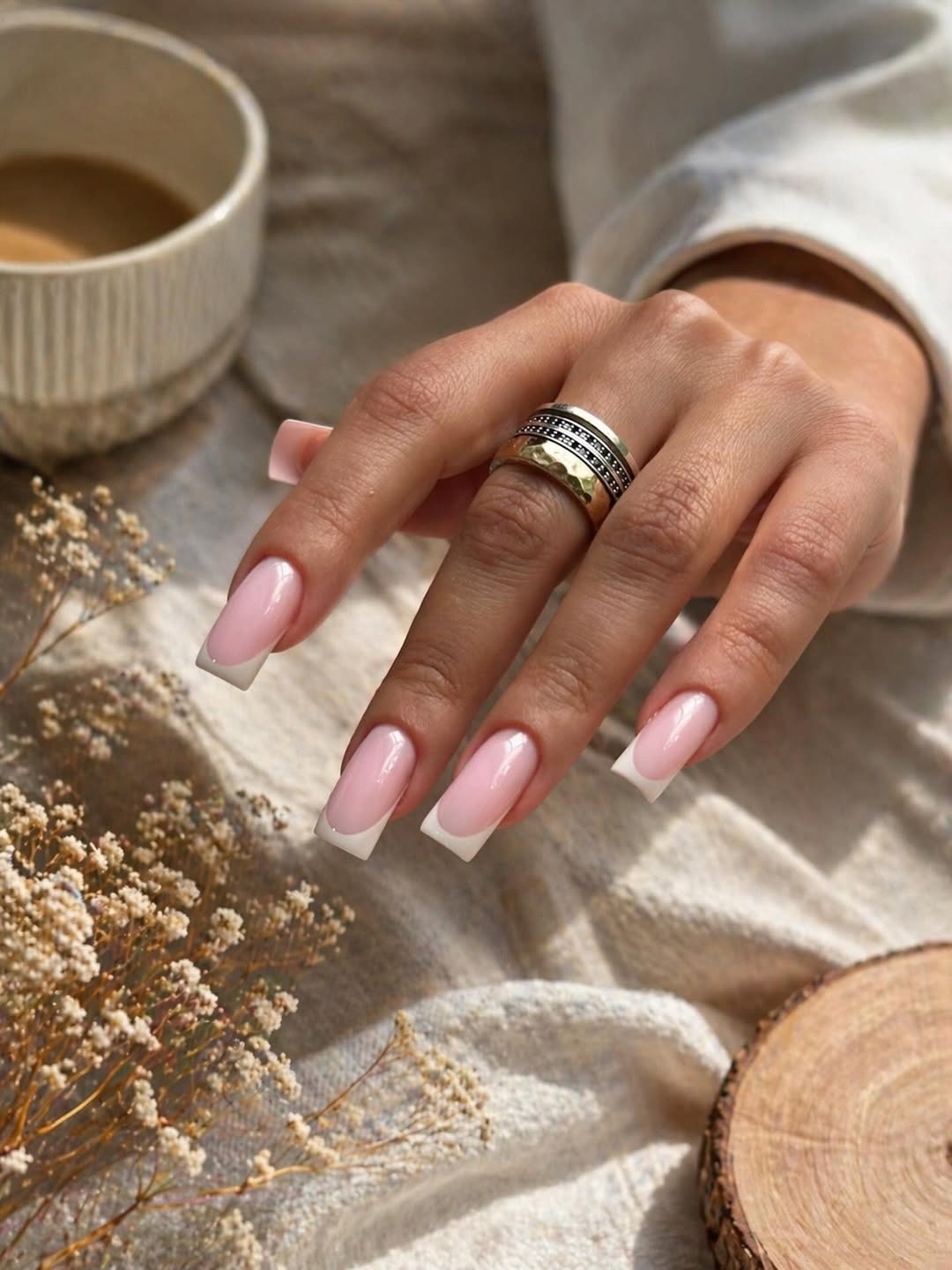 Classic Pink Nude Square French Tip Nails