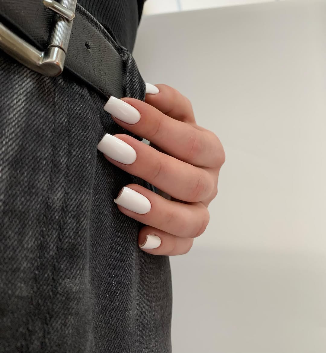 Clean White Glossy Squoval Medium Length