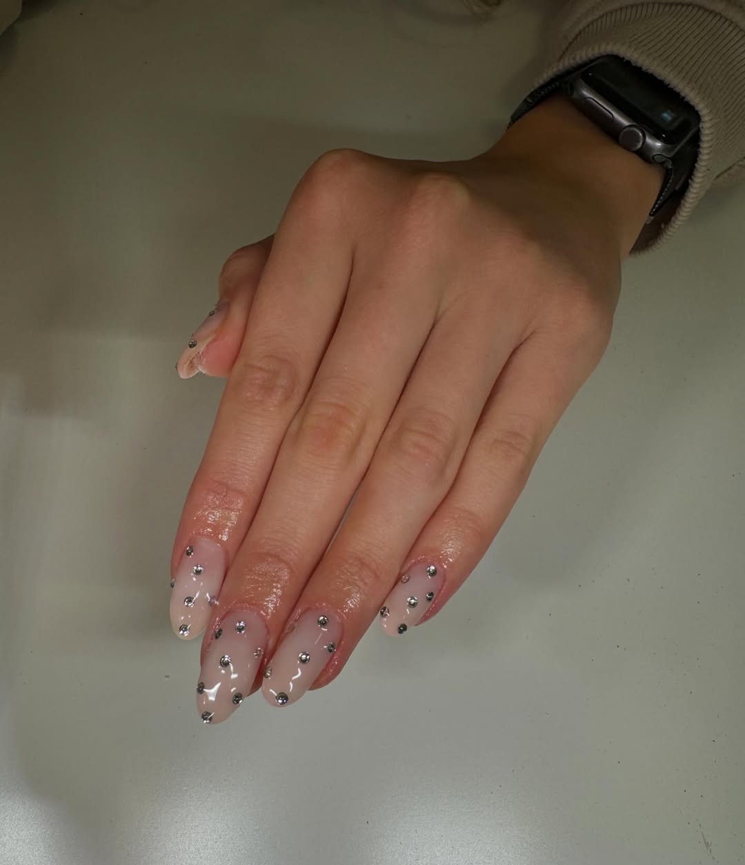 Clear Nude Bejeweled Oval Rhinestone Nails