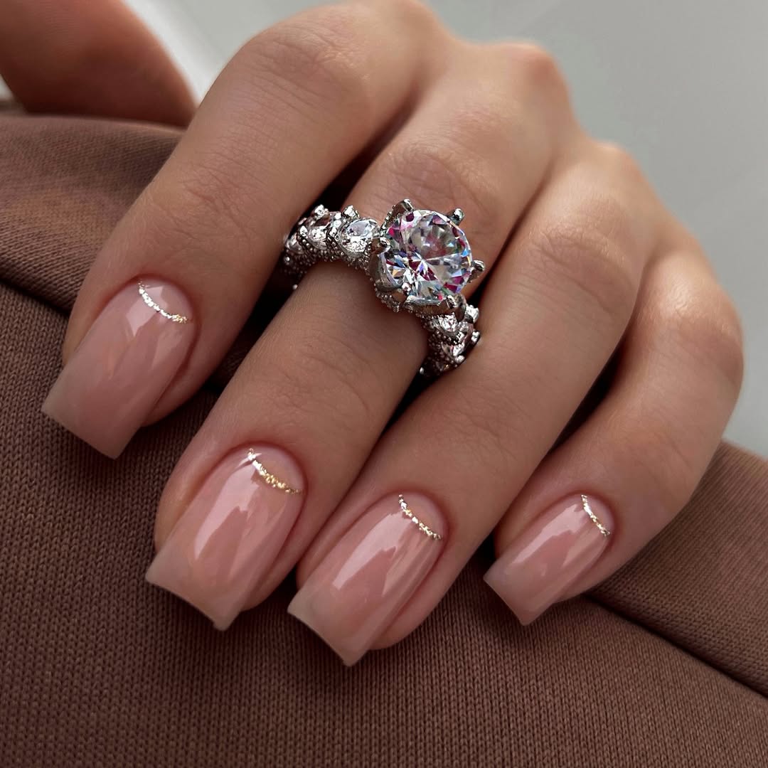 Clear Nude Glossy Square Nails Gold Crescent