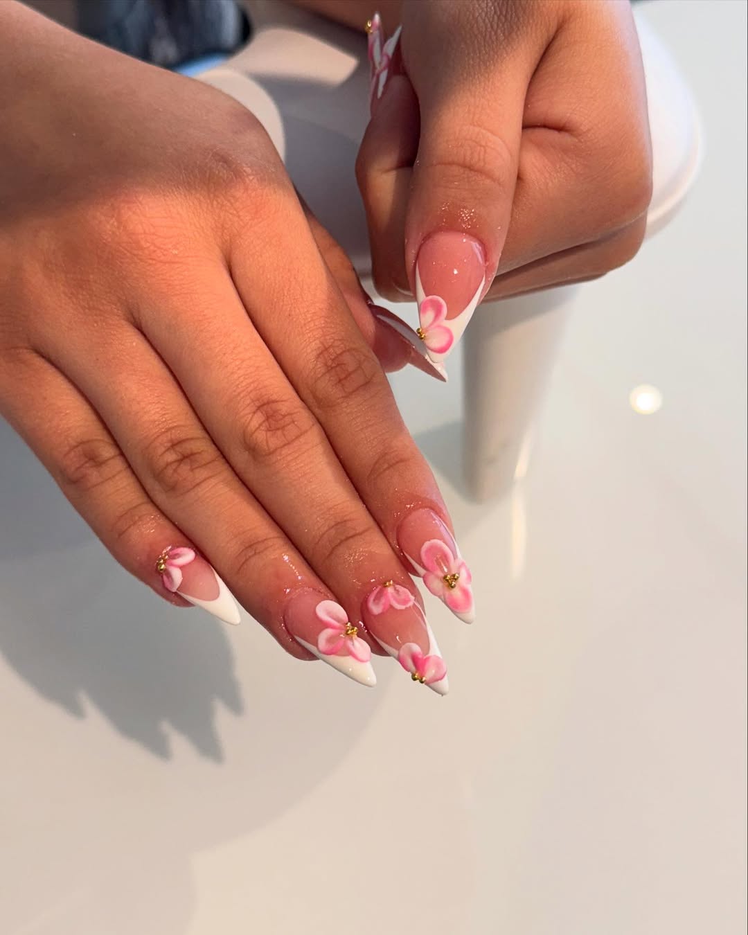 Clear Pink French Tips with 3D Pink Flowers