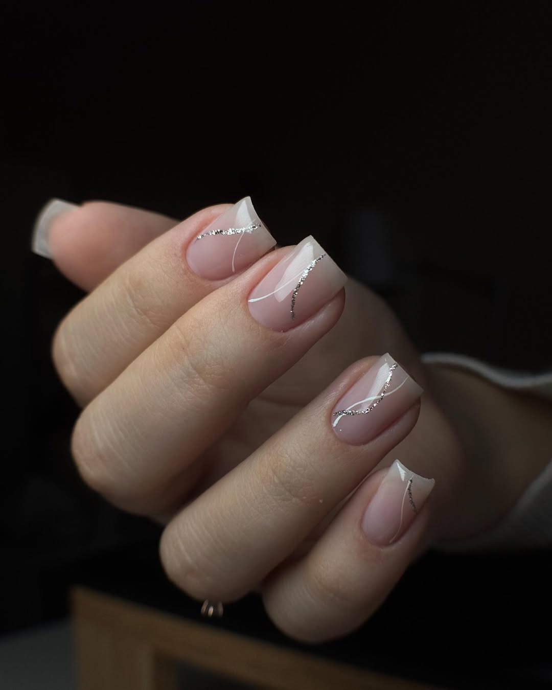 Clear Square Nails with Silver Wave Art