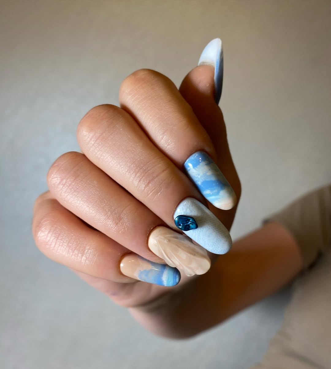 Cloud Sky Blue Textured Nautical Long Coffin Nails