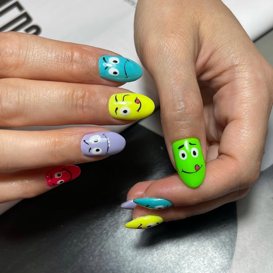 Colorful Cartoon Faces Mismatched Kawaii Gel Nails