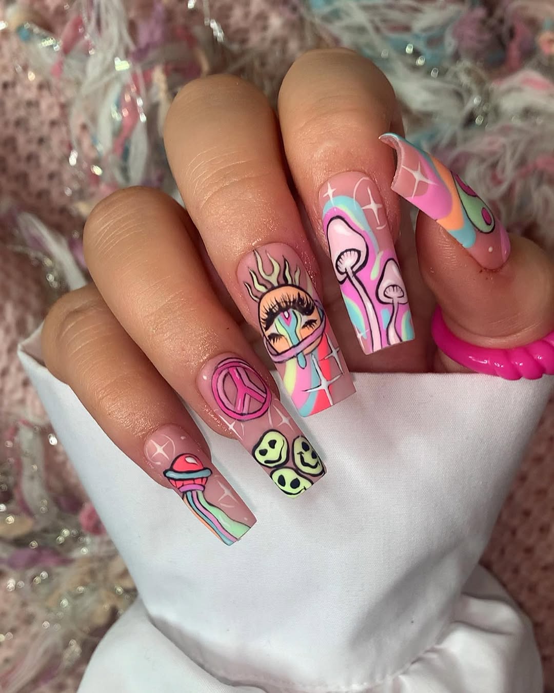 Colorful Psychedelic Hand-Painted Abstract Squoval Nails
