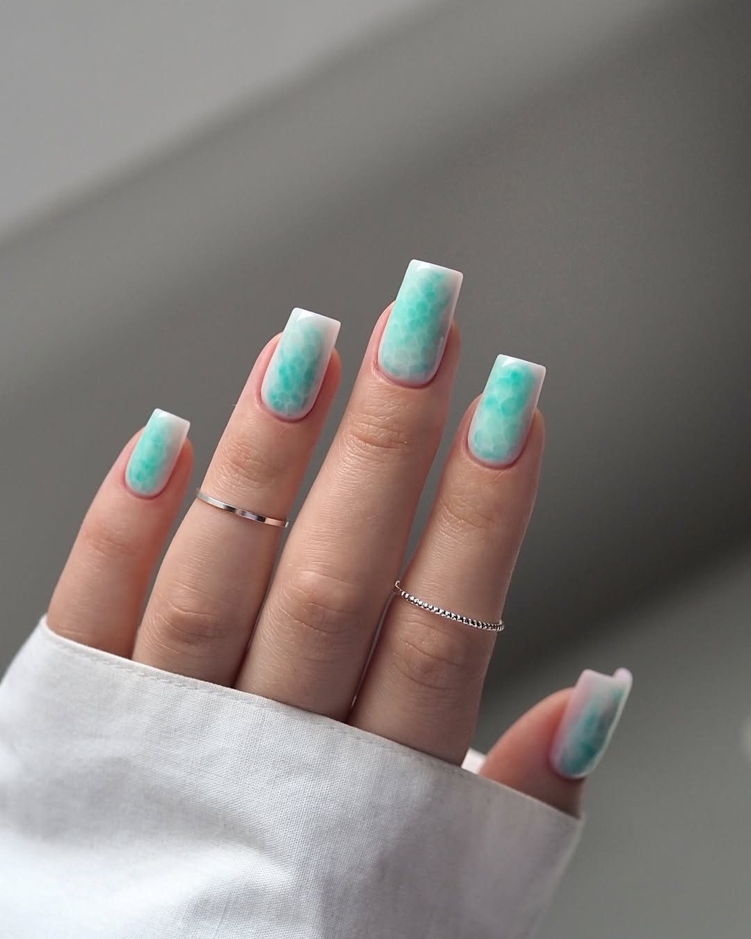 Cool Aqua Blue And White Cracked Ice Square Nails