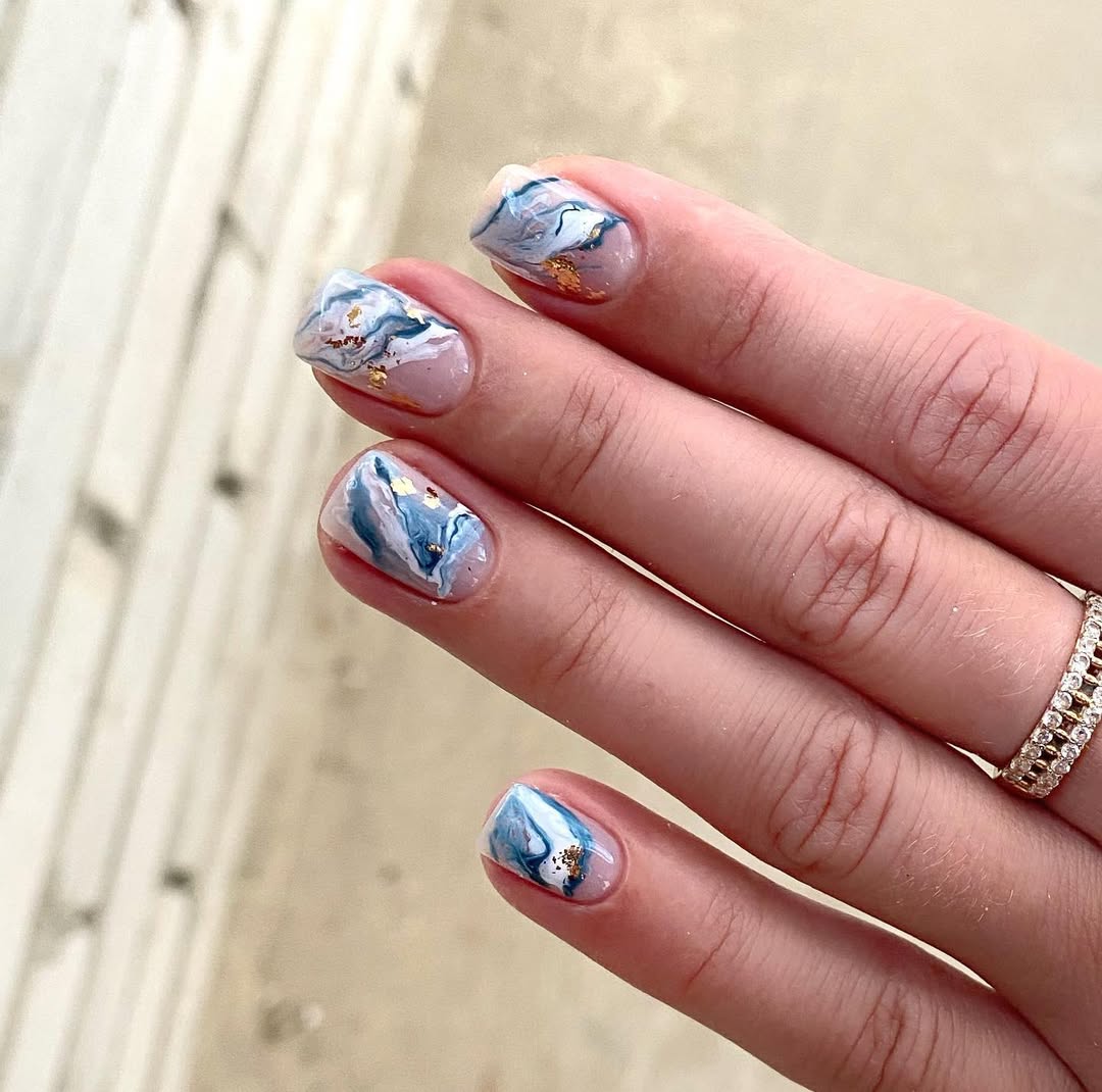 Cool Blue Ocean Wave Marble Short Oval Nails