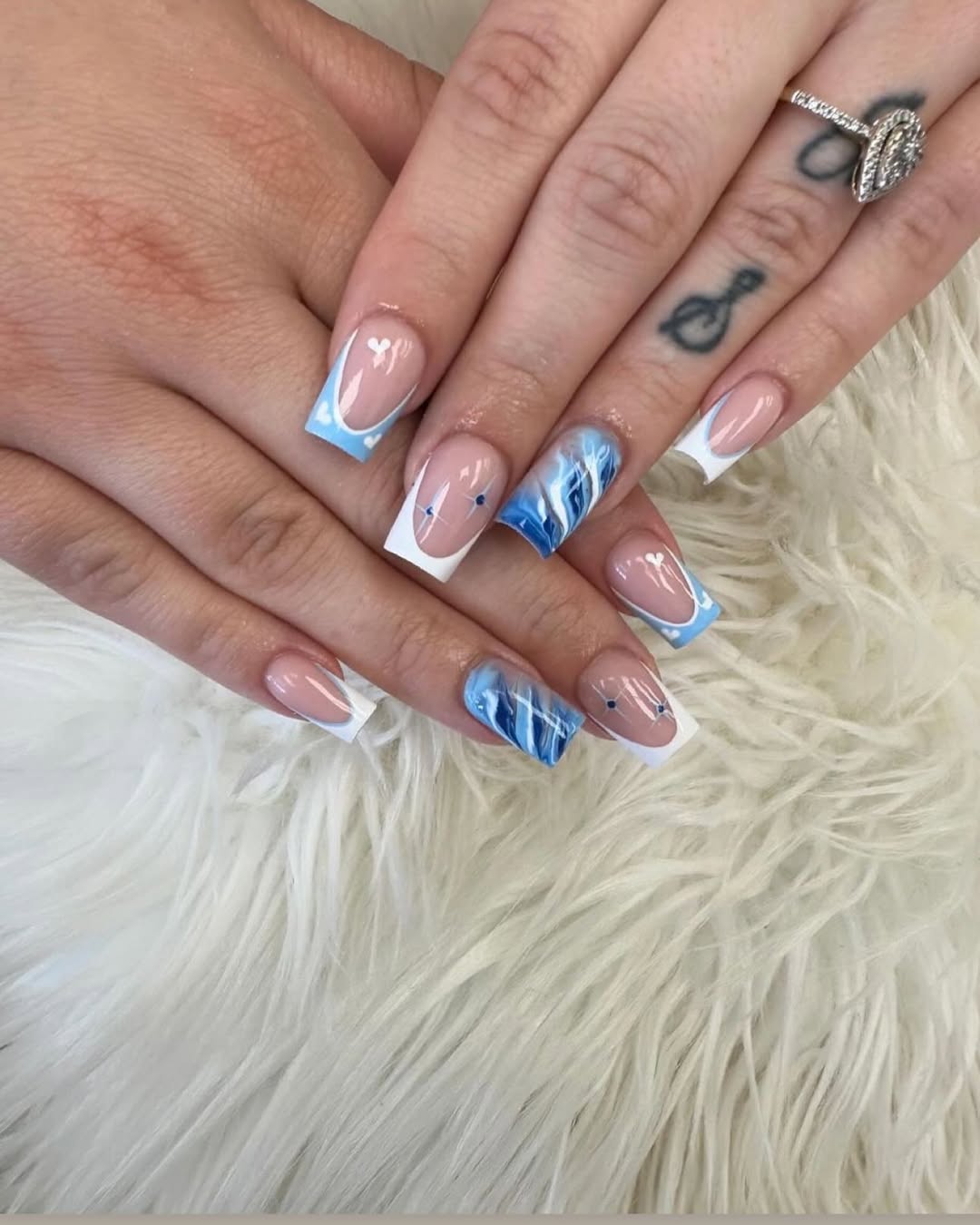Cool Blue Swirl French Tip Coffin Nails