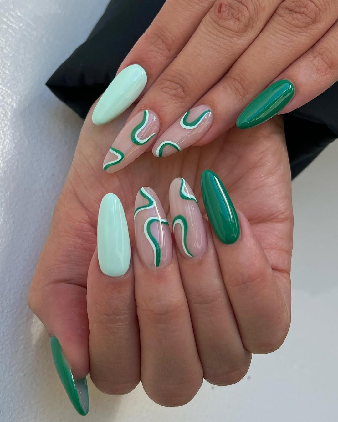 Cool Mint and Emerald Green Swirl Almond Nails