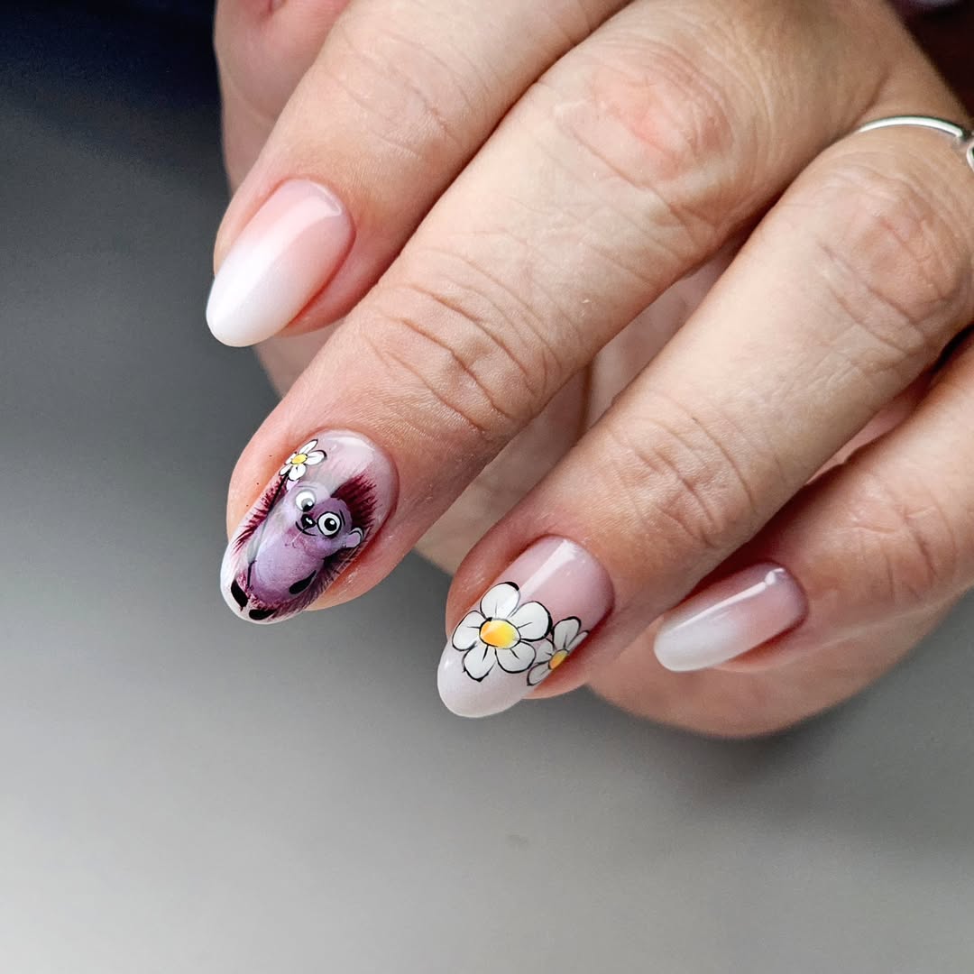 Cute Cartoon Hedgehog Daisy Art Glossy Oval Nails