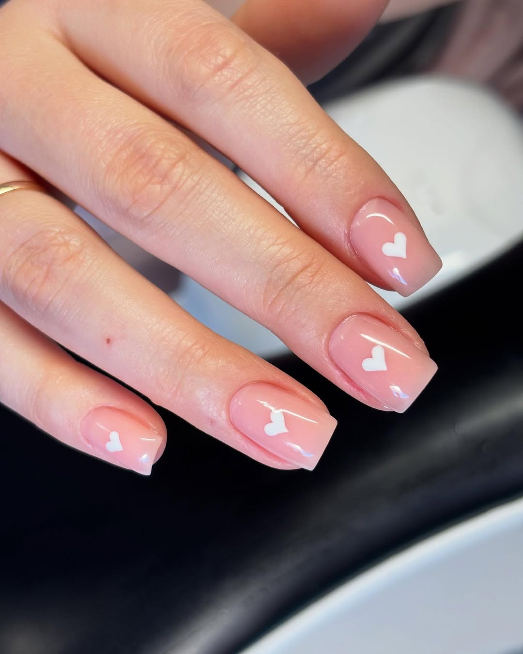 Cute Sheer Pink Square Nails With White Hearts