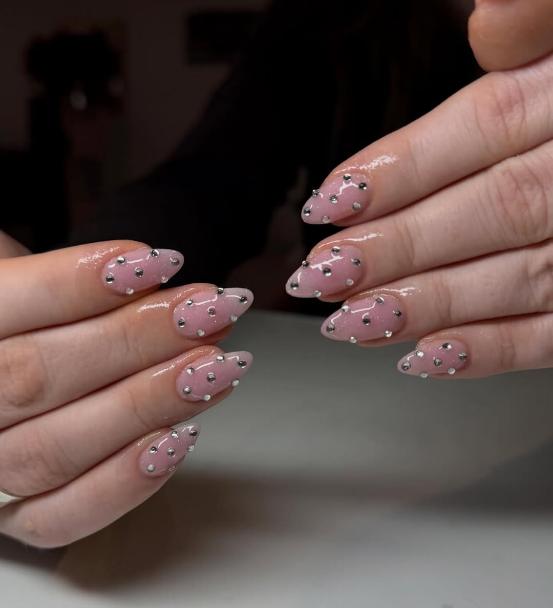 Dainty Rhinestone Textured Pink Almond Nails