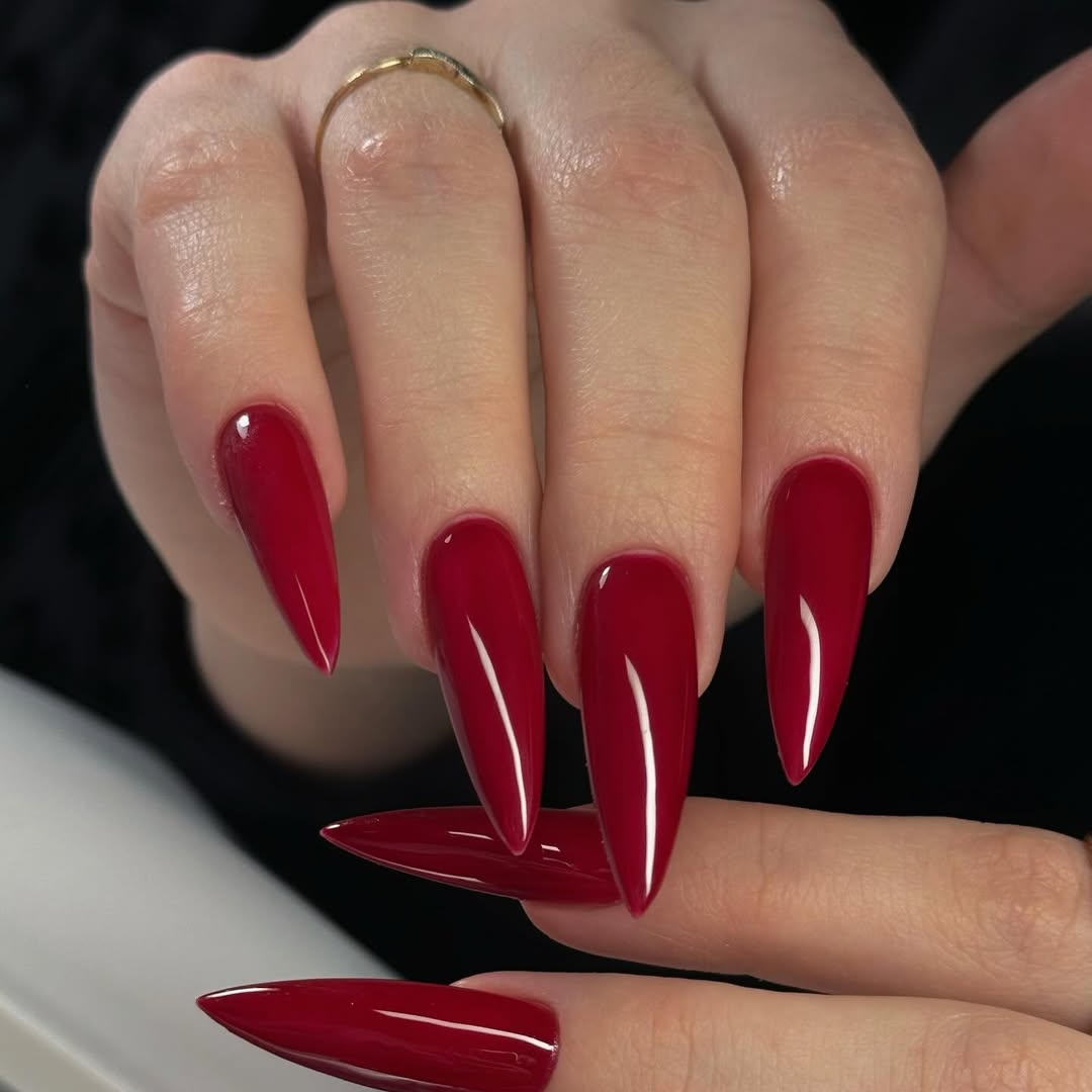 Deep Cherry Red Glossy Stiletto Nails