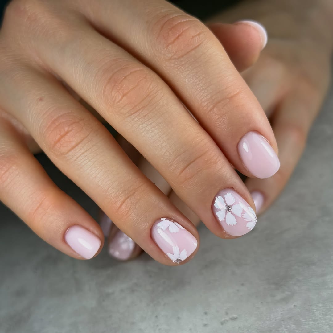 Delicate Pink Floral Short Squoval Nails with Rhinestones