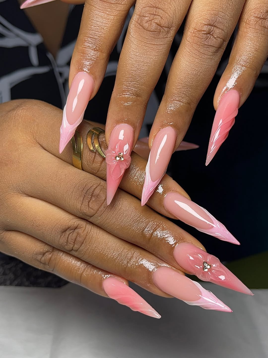 Delicate Pink Stiletto French Tips With 3D Floral Accents
