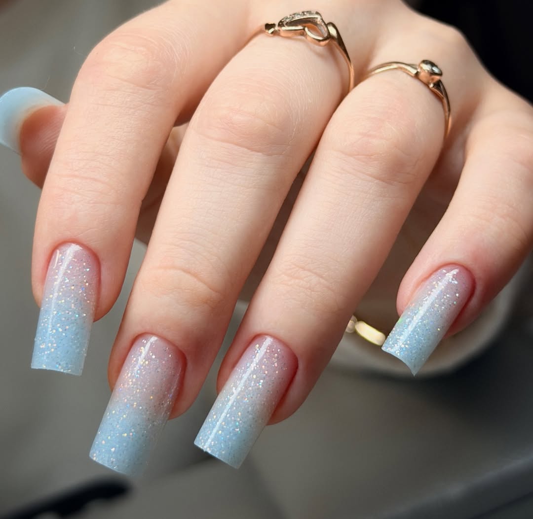 Dreamy Baby Blue Glitter Ombre Long Square