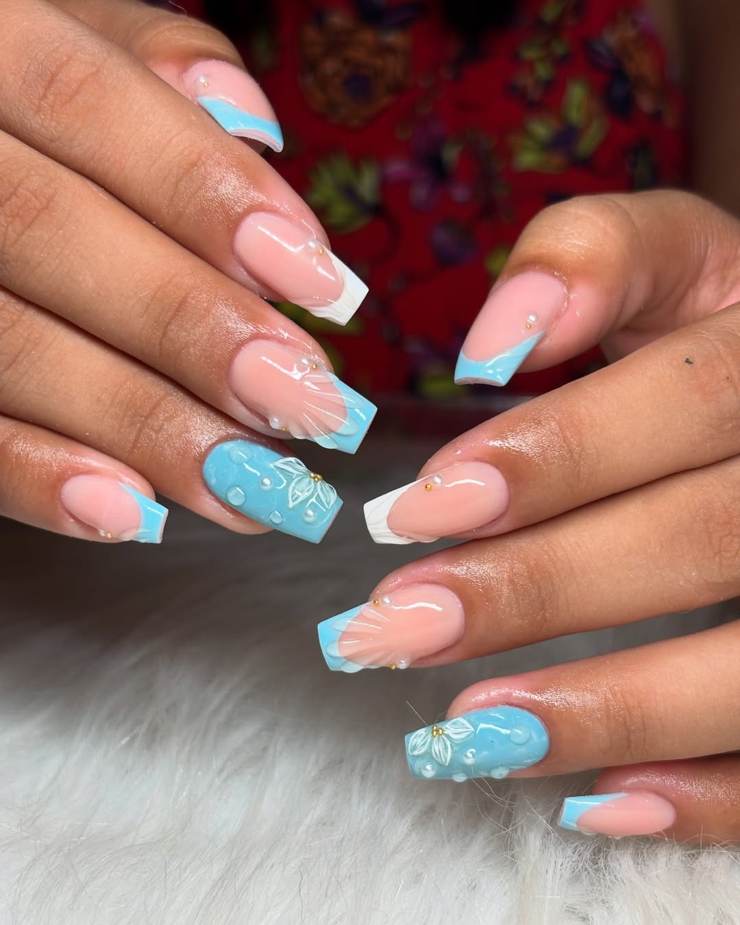 Dreamy Ocean Blue Beach Shell French Tips